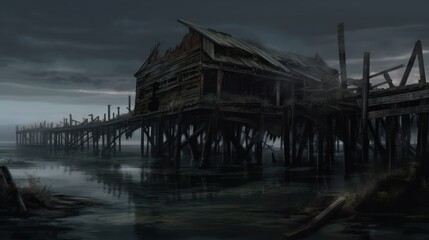 Creepy and Spooky Abandoned Pier, Waterfront Background, Concept Art, Digital Illustration, Generative AI