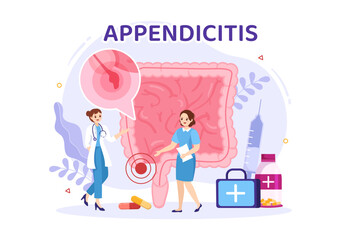 Appendicitis Illustration with Inflammation of the Appendix and Stomach Treatment in Healthcare Flat Cartoon Hand Drawn for Landing Page Templates