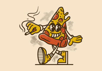 Mascot character of walking pizza slice with happy face