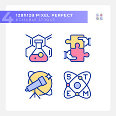 STEM impact on education pixel perfect RGB color icons set. Innovative technology of research. Development. Isolated vector illustrations. Simple filled line drawings collection. Editable stroke