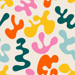 Hand drawn colorful seamless pattern. Abstract doodle style spots. Soft smooth shapes and bubbles. Creative trendy minimalistic design. Modern art background.