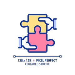 Collaboration for STEM pixel perfect RGB color icon. Students teamwork over project. Innovative education technology. Isolated vector illustration. Simple filled line drawing. Editable stroke