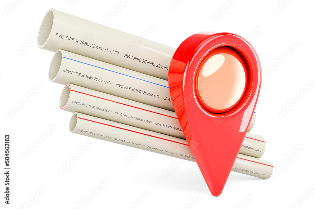 Poster pvc pipes, composite pipe, upvc pipe, cpvc pipe with map pointer, 3d rendering