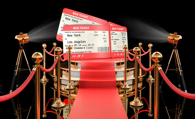 Podium with bus tickets. 3D rendering © alexlmx
