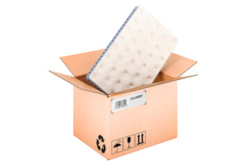Mattress inside cardboard box, delivery concept. 3D rendering