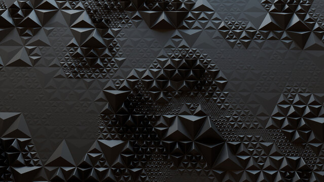 Dark Modern Surface with Triangular Pyramids. Black, Three-Dimensional 3d Banner.
