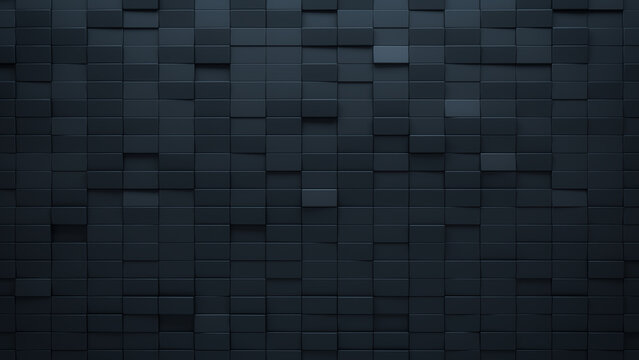 3D Tiles arranged to create a Polished wall. Futuristic, Black Background formed from Rectangular blocks. 3D Render