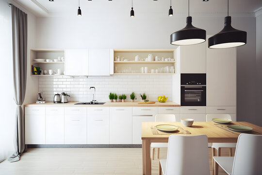 Modern new light interior of kitchen with white furniture and dining table