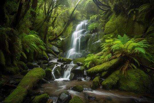 Majestic waterfall in a lush green forest with mossy rocks. Generative AI.