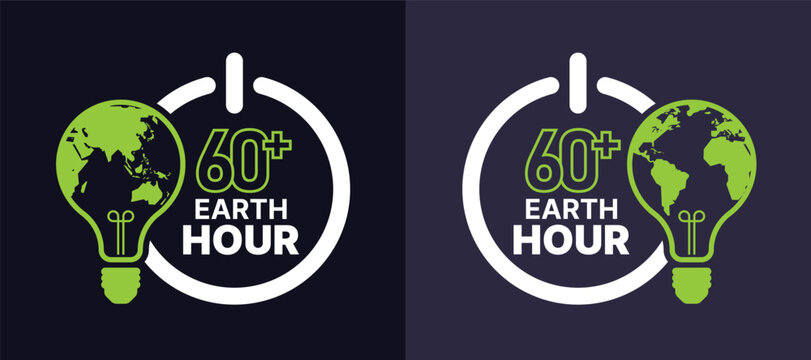60 minutes plus, Earth hour text in circle shutdown sign and green light bulb lamp with map world texture 2 style on dark blue background vector design