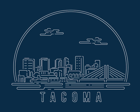 Tacoma - Cityscape with white abstract line corner curve modern style on dark blue background, building skyline city vector illustration design