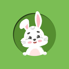 Cute cheerful little white bunny in hole. Cartoon paper cut vector illustration.