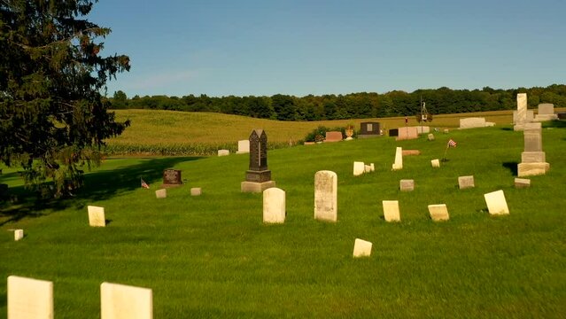 drone pass over of head stones of Gorham Cemetery. An old grave yard that with graves that date back to the the early America 1800s located in the country of New York State, USA