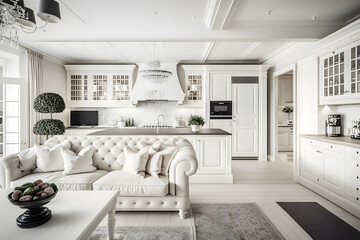 Luxurious white kitchen and living room in a big house 
