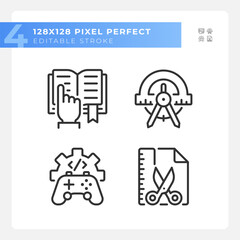 STEM related subjects pixel perfect linear icons set. Alternative techniques of learning. Education progress. Customizable thin line symbols. Isolated vector outline illustrations. Editable stroke