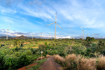 Fototapeta na wymiar Wind power plant in the sunset in Ea H'Leo district, Dak Lak province, Vietnam