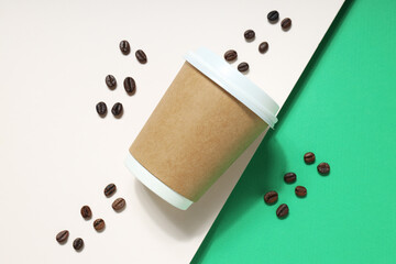 Blank paper cup, composition for delivery and take away concept, space for text