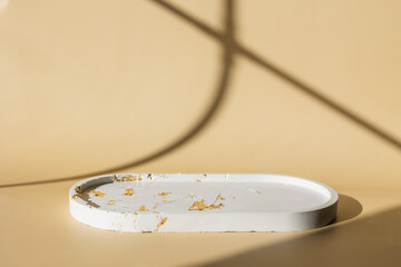 Abstract empty white round concrete podium on pastel background with shadow. Mock up stand for cosmetic product and presentation. 3D room. Minimal concept. Product display.