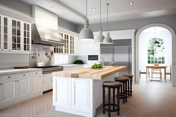  Amazing Luxury Kitchen Interior in white with wooden floor and kitchen island