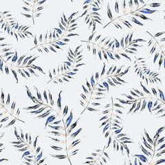 Watercolor seamless pattern with palm leaves. Beautiful allover tropical print with hand drawn exotic plants. Swimwear botanical design.	