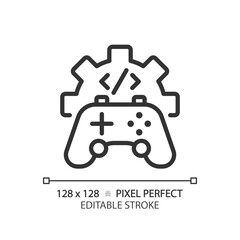 Game development pixel perfect linear icon. STEM integration in industry. Students teaching improvement. Thin line illustration. Contour symbol. Vector outline drawing. Editable stroke