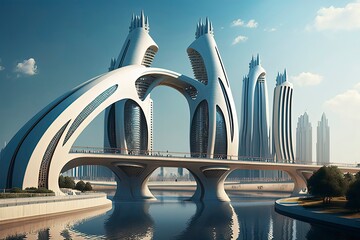 Naklejka premium Highly realistic digital realism white futuristic city. Generative AI
