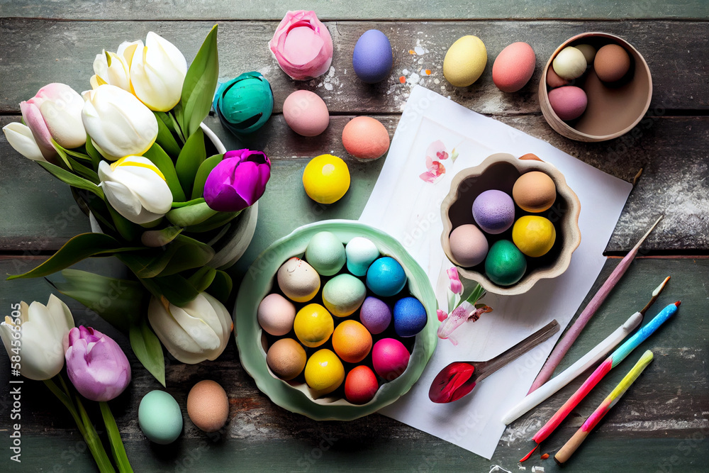 Canvas Prints Plate with Easter eggs and tulip flowers on light wooden background, AI Generated