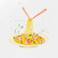 Food illustration han drawn by watercolor, seafood spaghetti drunken sauce