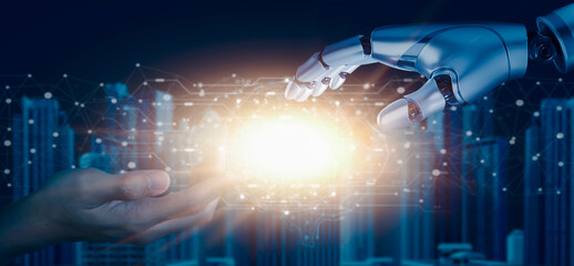 Robot hand touch businessman hand, artificial intelligence concept. big data, science, innovation technology, cloud computing, futuristic, internet network communication