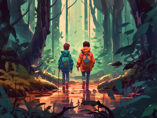 Two boys with backpaks are walking in an autumn forest