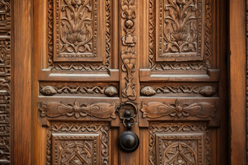 Beautifully intricate details of an old, ornate wooden door, ai generative