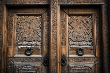Beautifully intricate details of an old, ornate wooden door, ai generative