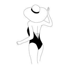 Linear girl is sunbathing in Panama hat. Attractive woman in black swimsuit. On line continuous. Vector outline illustration for logo, print, card, poster. Travel blog concept.