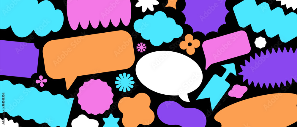 Poster vector abstract background, horizontal banner with chat bubbles and stickers, minimalist design elem