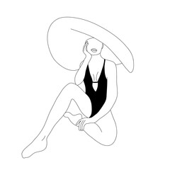 Abstract linear woman in hat. Contemporary minimalist female traveler in one line style. Vector outline illustration for logo, print, card, poster.