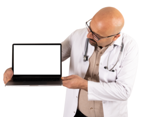 Transparent png image of bald doctor holding laptop. Isolated white background. Professional physician looking empty screen notebook screen. Mock up. Telehealth, telemedicine concept idea.
