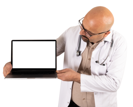 Transparent png image of bald doctor holding laptop. Isolated white background. Professional physician looking empty screen notebook screen. Mock up. Telehealth, telemedicine concept idea.