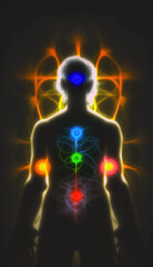 Abstract image of chakras in contrasting colors with a soft, calming light created using generative ai