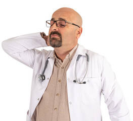 transparent png  portrait of professional doctor suffering from neck pain. Muscle spasm,...