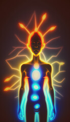 Minimalist representation of chakras in bright neon colors and diffused lighting created using generative ai