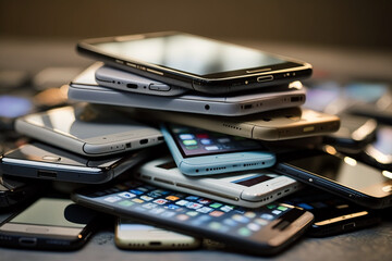 Heap of different smartphones, Mobile phone technology concept background