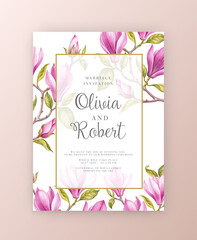 Wedding invitations. Floral watercolor magnolia branches and bouquet