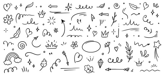Sketch element line set. Abstract nature element decoration graphic icon set. Sketch hand drawn line element for brush, abstract decoration design. Vector illustration - obrazy, fototapety, plakaty