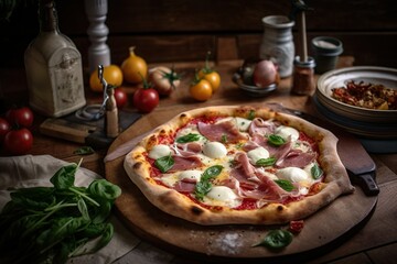 pizza with ham and tomatoes