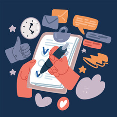 Cartoon vector illustration of man Man signs document stamped handle puts his signature. Pen, hand, men,paper