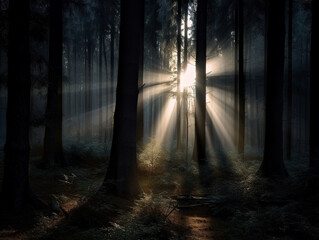 Sonnenstrahlen brechen durch das Blätterdach in einem dunklen, magischen Wald