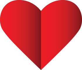 Beautiful red heart with red gradient effect gives a vertical fold in the middle. Vector illustration isolated.
