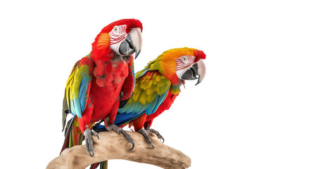 Colorful macaw parrots perched on a branch, isolated on transparent background. PNG. Blue and yellow macaw ara ararauna