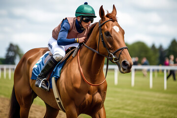 Naklejka premium Race horse with jockeys on the home straight. AI generated fictitious person. 