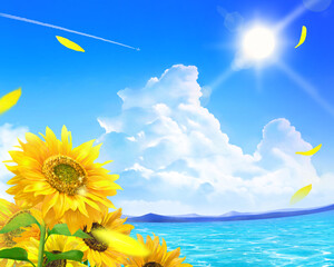 sunflower and sky and beautiful sea under sun